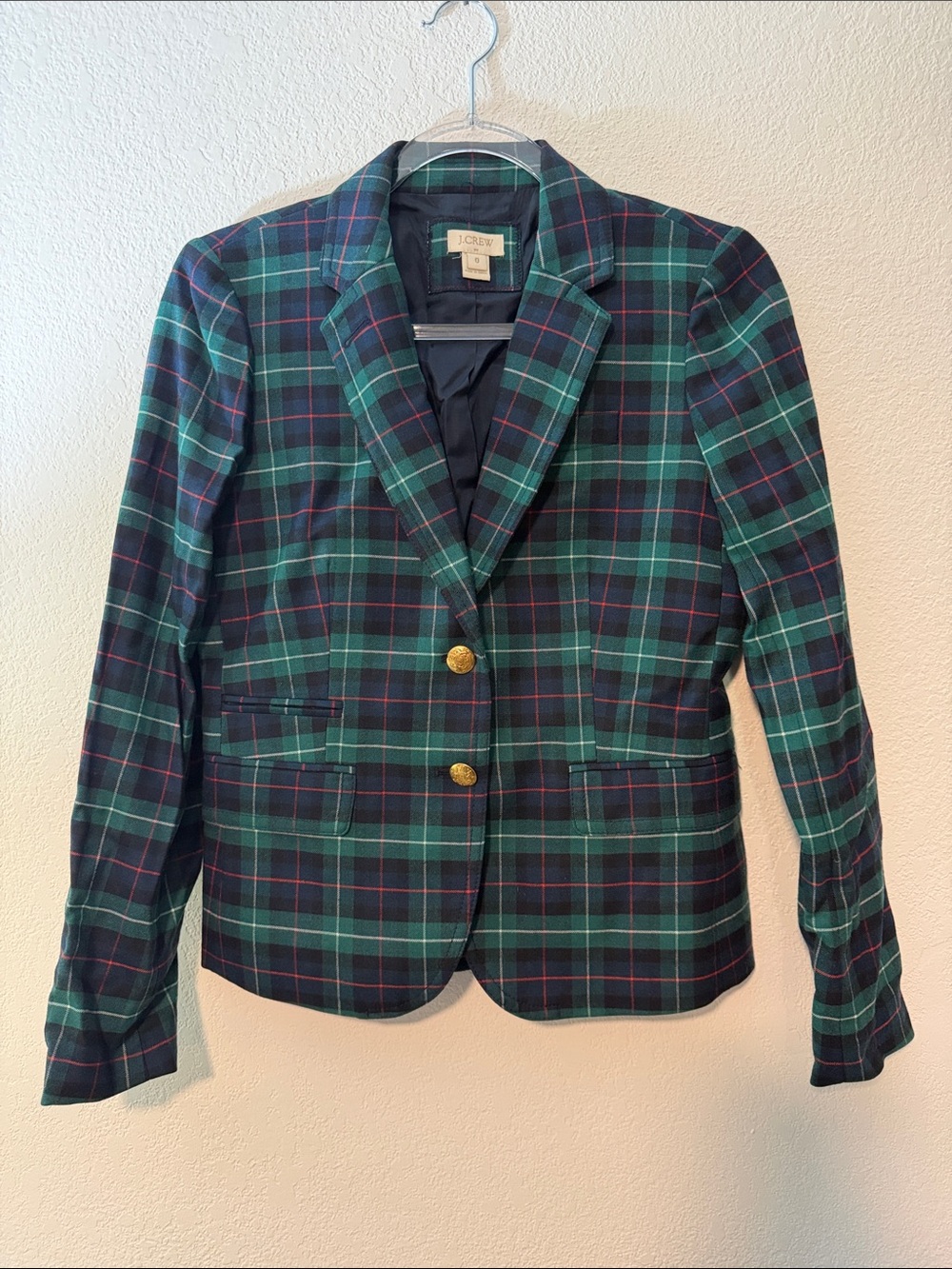 J. Crew Navy & Green Plaid Single-Breasted Blazer with Gold Buttons